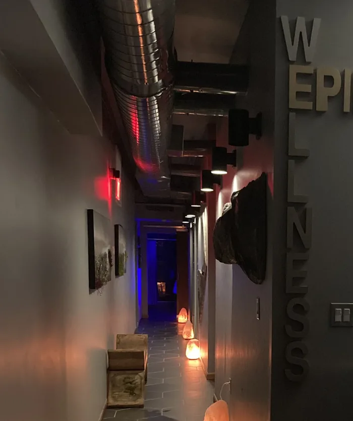 The salt-lamp lined hallway inside Epiros Wellness